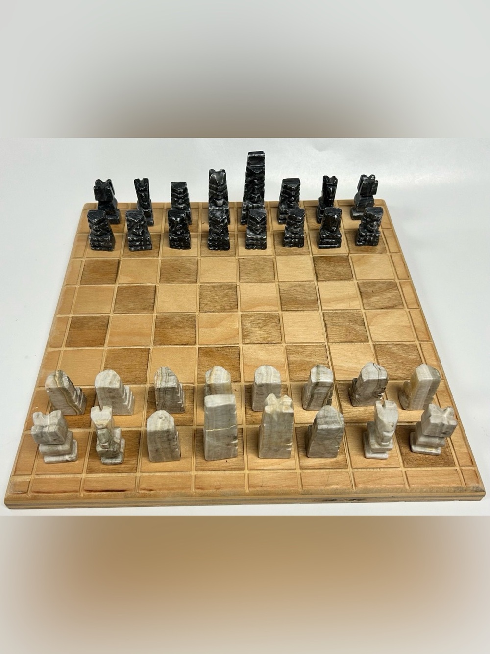 Aztec Mayan Marble Carved Chess Set with Wooden Board (14" x 14"), 32 Piece